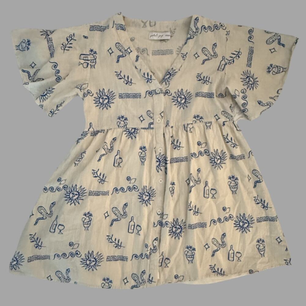 Petal + Pup Greek Mythology Print Babydoll Mini Dress XS Linen Flutter